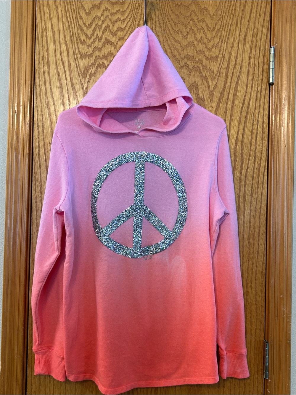 Justice Girls Pink Ombre Hoodie with Silver Glitter Peace Sign Sz 20 Plus